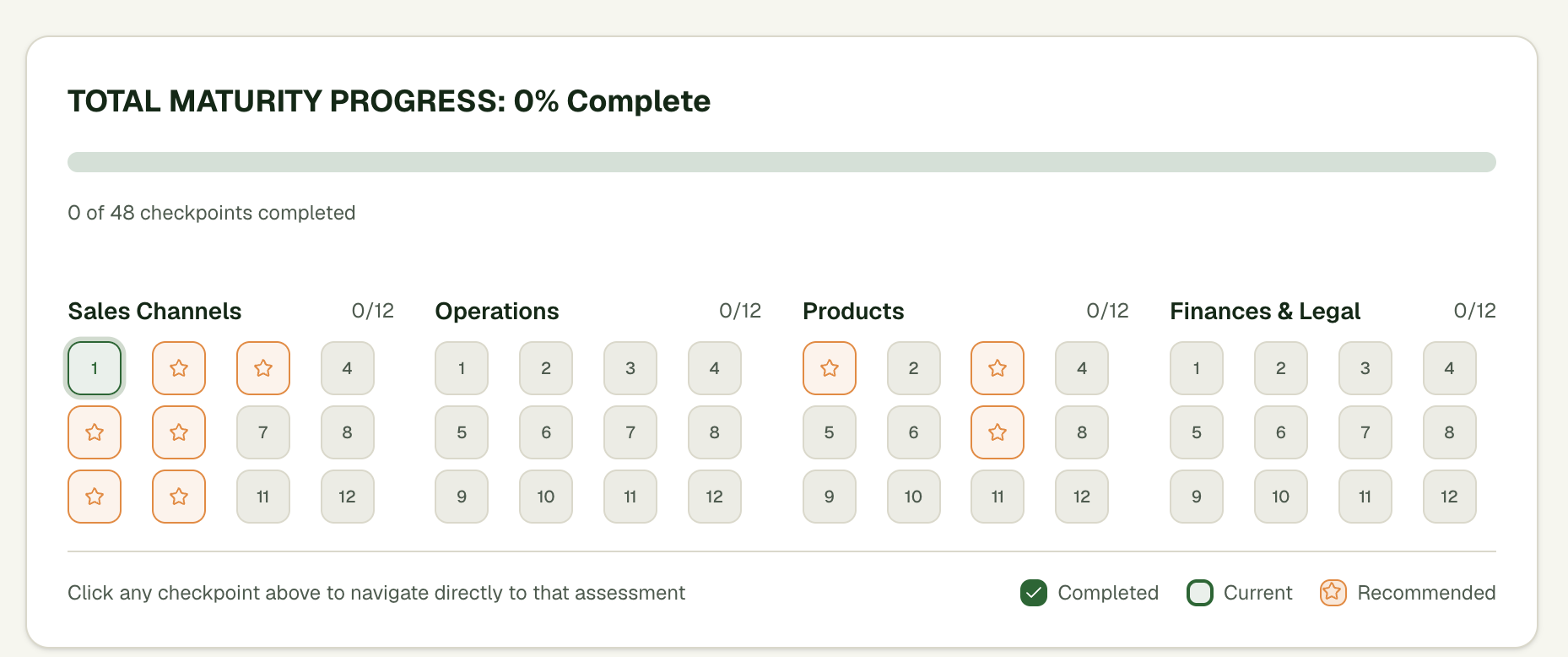 Total Maturity Progress checkpoint grid across four quadrants